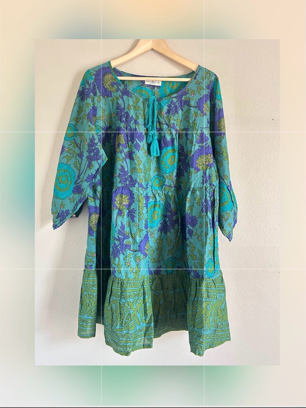 NATURAL LIFE Teal & Purple Floral Tassel-Tie Flowy   Dress XL New